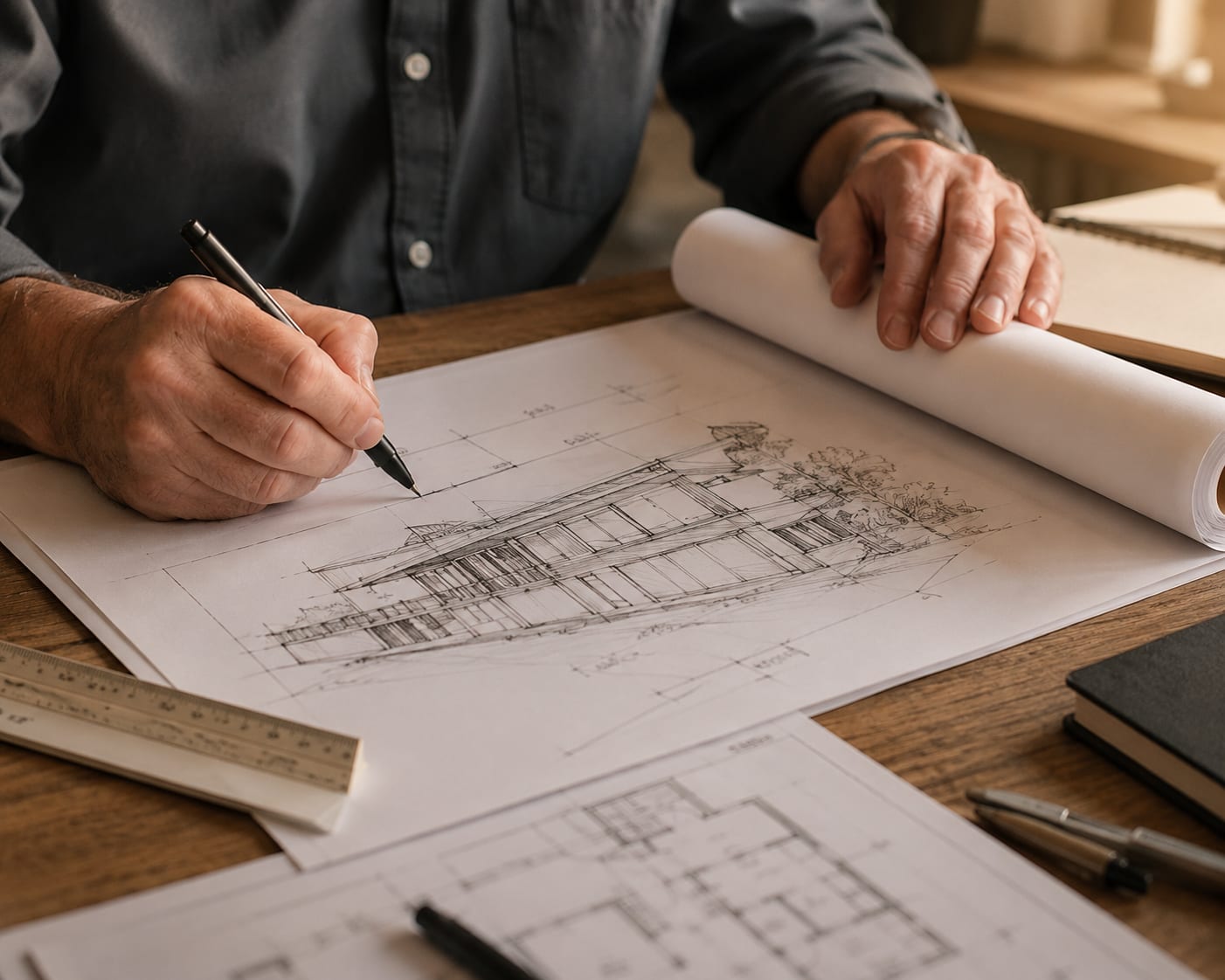 Engineer hand-drafting a building elevation on a drawing table